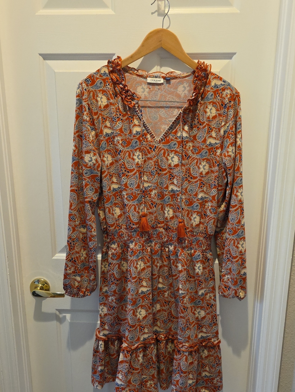 Cabana Life Orange Paisley Long-Sleeve Tassel-Front Dress